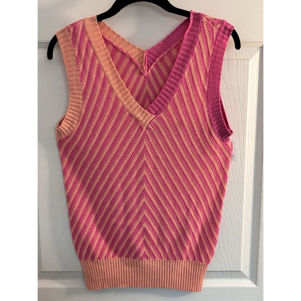 Pink Orange Chevronโ Knit Sweater Vest Womenโs Medium V-Neck 100% Viscose
